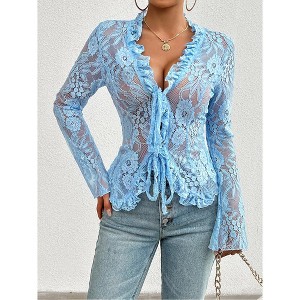 Clearlove Women's Contoured Lace-Trim Blouse - Bell Sleeve Elegance with Front Tie Detail - 1 of 4