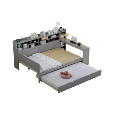 FURNIinspire Beds Wooden Full Daybed with Trundle Shelves and Study Desk for Bedroom Study Guest Room, Gray, 91.3"*64.9"*44.9"