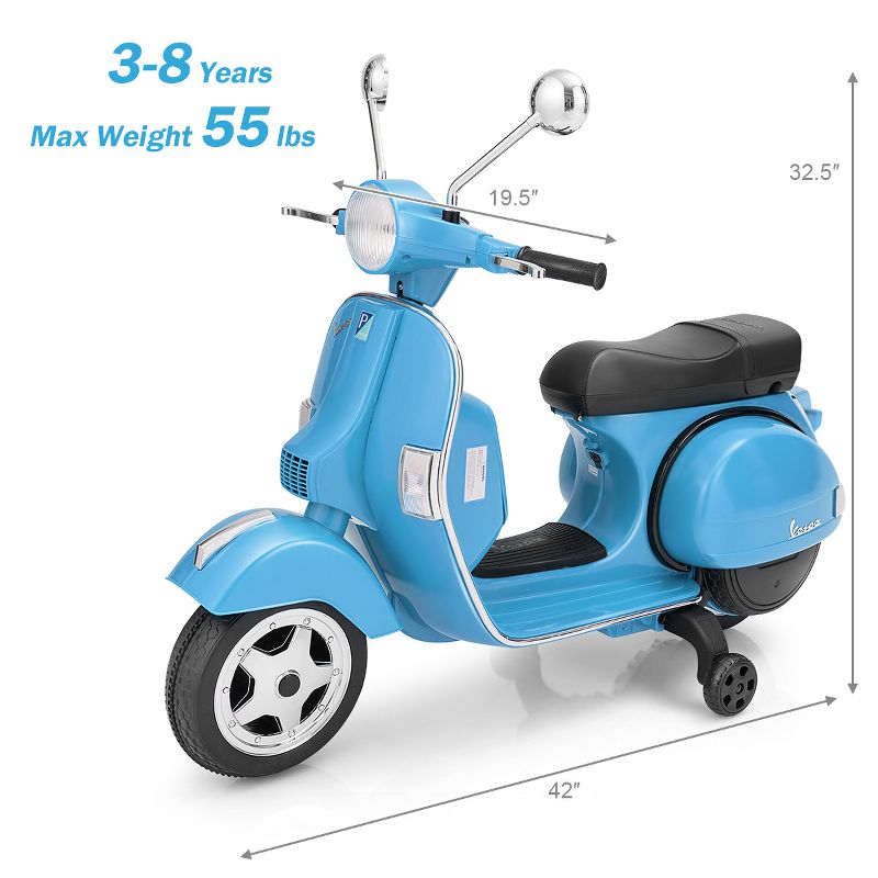 Kids Vespa Scooter 6V Rechargeable Ride on Motorcycle w/Training Wheels, 5 of 11