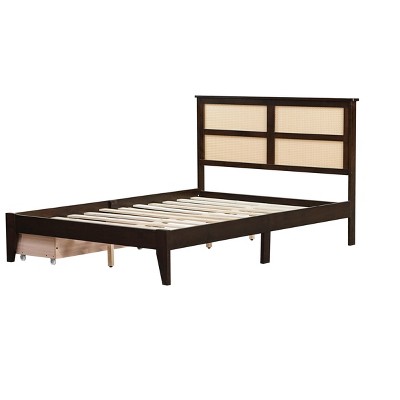 DOMETOUR Full Size Bed with Rattan Headboard, Two Storage Drawers, Rubber Wood Bed with Enhanced  Support Salts and Feet,Espresso