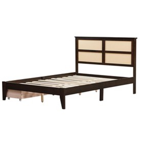 DOMETOUR Full Size Bed with Rattan Headboard, Two Storage Drawers, Rubber Wood Bed with Enhanced  Support Salts and Feet,Espresso - 1 of 4