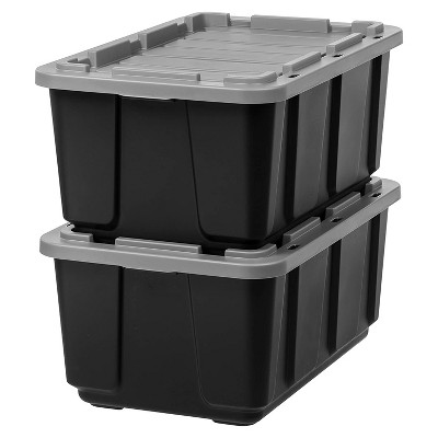 IRIS USA 27 Gallon Tough Utility Storage Tote with Secure Deep Lid for Organizing Closets, Basements, and Garages, Black (2 Pack)