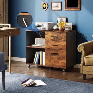 3-Drawer Wood Mobile File Cabinet, Lateral Filing Cabinet with Printer Stand and Open Storage Shelves for Home Office, Rustic Brown - 1 of 4