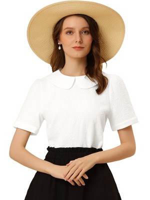 Allegra K Women's Floral Jacquard Puff Short Sleeve Peter Pan Collar Blouse  White X-small : Target