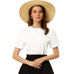 INSPIRE CHIC Women's Floral Jacquard Puff Short Sleeve Peter Pan Collar Blouse - 1 of 4