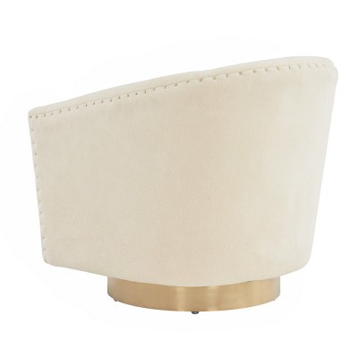 Ivory Velvet Swivel Barrel Chair with Wood Accents