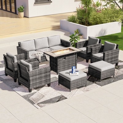 Sonkuki 8 Pieces Patio Sofa with Rectangle Fire Pit Table and Ottomans, Wicker Conversation Couch, Light Gray Cushion