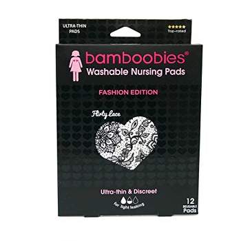 Bamboobies Washable Nursing Pads for Breastfeeding, Reusable Pads, Black Lace Print (6 Pairs)