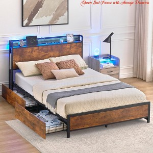 Sturdy Full/Queen Bed Frame with RGB Light, 4 Storage Drawers, Fast Charging Headboard, Wooden Slats, and Noise-Reducing Design - 1 of 4