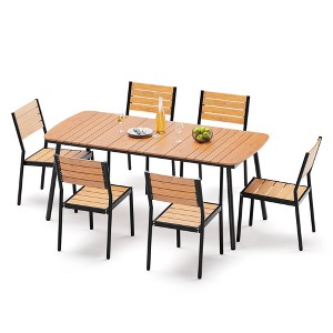 Crestlive Products 7pc Outdoor Dining set for 6 People Patio Rectangle Table Aluminum Frame with Wood-Like Tabletop and Umbrella Hole - 1 of 4
