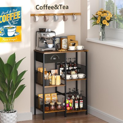 MaseiKar Small Coffee Bar with Drawer, 5-Layer Staggered Coffee Stand Station for Small Space, Microwave Stand for Kitchen, Rustic Wood Bakers