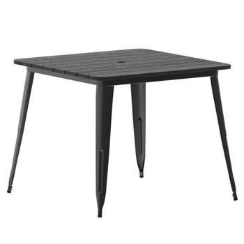 Emma and Oliver Indoor/Outdoor Dining Table with Umbrella Hole, 36" Square All Weather Poly Resin Top and Steel Base