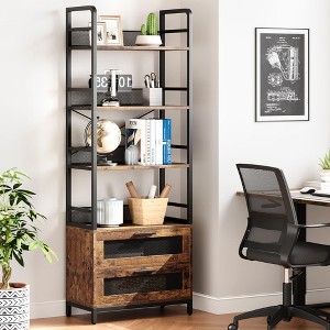 ODK Bookshelf with Drawers Farmhouse Bookcase Metal Frame Rustic Industrial Bookshelves Tall Display Racks Rustic Bookshelf for Home Office, Brown - 1 of 4