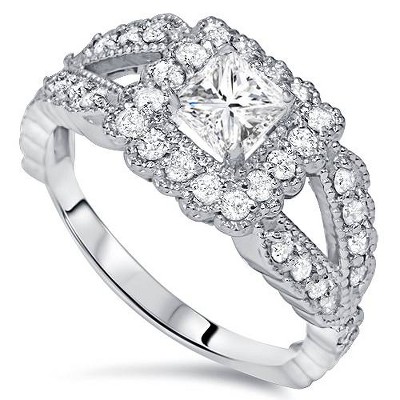 Pompeii3 1 1/5ct Princess Cut Halo Diamond Engagement Ring 14K White Gold
