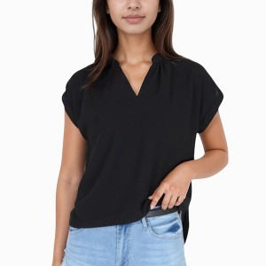 Anna-Kaci Women's V-Neck Short Sleeve Blouse with Rolled Cuffs and Soft Pleated Collar Detail - 1 of 4