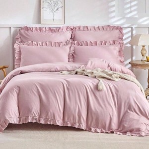 Ruffle Duvet Cover, Farmhouse Shabby Chic 3 - Piece Pink Microfiber Bedding Set, Soft King Comforter with Zipper Corner Ties - 1 of 4