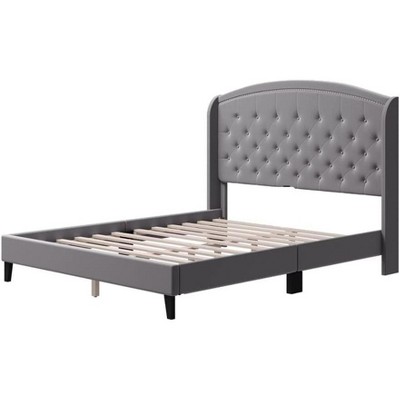 Bed Frame, Velvet Upholstered Platform Bed Frame with Button Tufted Headboard, Wood Support, Easy Assembly, No Box Spring Needed King Size Grey