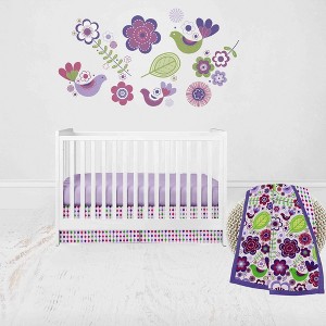 Bacati - Botanical Floral Birds Purple Multicolor 3 pc Crib Bedding Set - 1 of 4