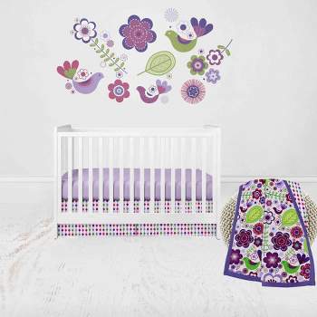 Bacati - Botanical Floral Birds Purple Multicolor 3 pc Crib Bedding Set