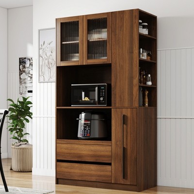 PDTEND 70.87" Freestanding Kitchen Pantry with 2 Glass Doors, 4 Pull-Out Shelves & 2 Drawers, Microwave Stand for Dining Room