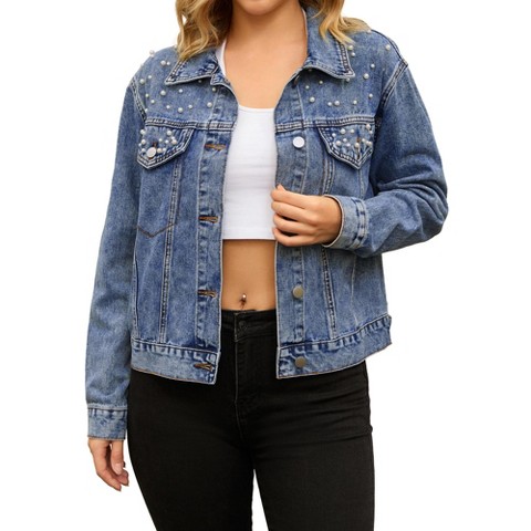 INSPIRE CHIC Women's Trendy Button Down Long Sleeve Pearl Denim Jacket Large Blue
