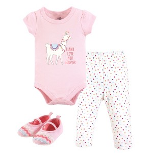 Little Treasure Baby Girl Cotton Bodysuit, Pant and Shoe 3pc Set, Llama Love - 1 of 1