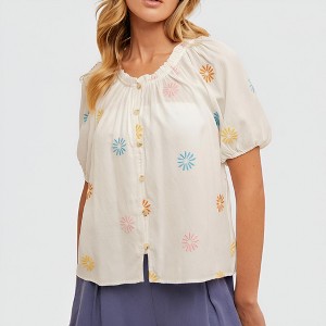 Knit & Lounge Women’s White Embroidered Short Sleeve Button Front Top Elastic Neckline Puff Sleeves Lightweight - 1 of 4