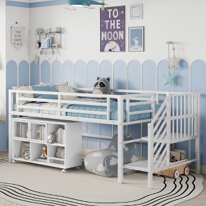 TIRAMISUBEST Twin Size Metal Loft Bed with Storage Cubby on Wheels, Low Height Kids Loft Bed Frame with 2-Step Stairs - 1 of 4