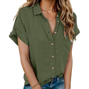 Zeagoo Women Linen Shirts Button Down Cotton Short Sleeve Blouses V Neck Collared Button-up Gauze Tops - 1 of 4