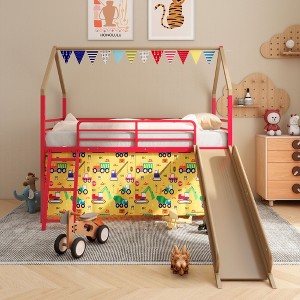 Okak Twin Size Metal House Loft Bed with Slide & Curtain Set & Star Stickers,Contemporary Bed Frame for Bedroom,Kids Room - 1 of 4