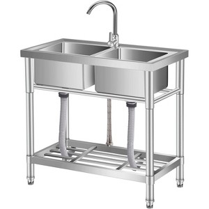Commercial Double Bowl Stainless Steel Utility Sink - Heavy-Duty Workstation with Hot/Cold Faucet (30"/33"/47") - 1 of 4