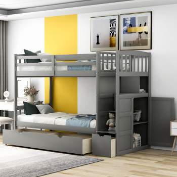 Convertible Twin over Full/Twin Bunk Bed with Storage Shelves and Drawers-ModernLuxe