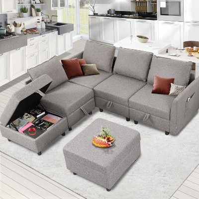 Sectional Couch, U-Shaped Modular Sofa with Storage Seats, 6-Piece L-Shape Grey Linen Fabric Sofa, 4 Seats + 2 Ottomans, Modern Living Room Couches