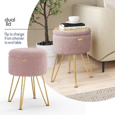 Pink Bouclé Round Storage Ottoman with Gold Legs