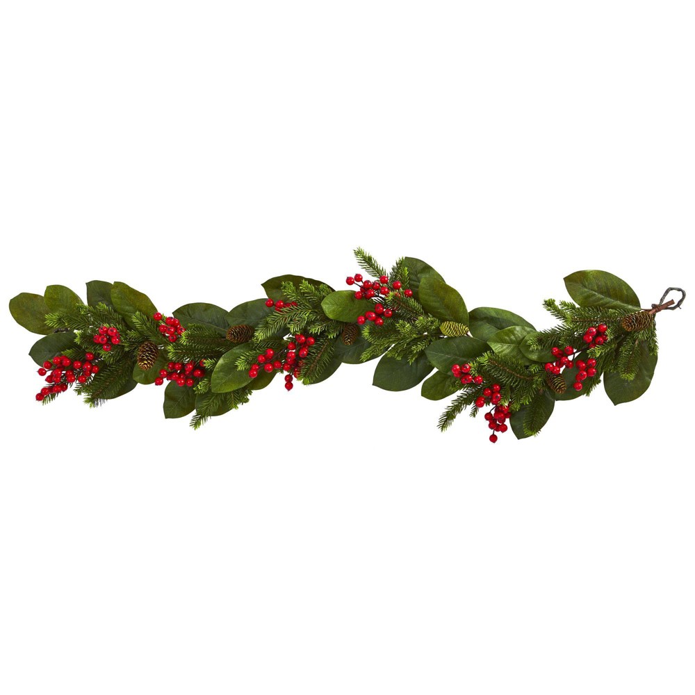 Nearly Natural 5' Pine with Magnolia Flowers and Berries Artificial Christmas Garland Green: Indoor Faux Floral Decor, Unlit Garland for Mantle