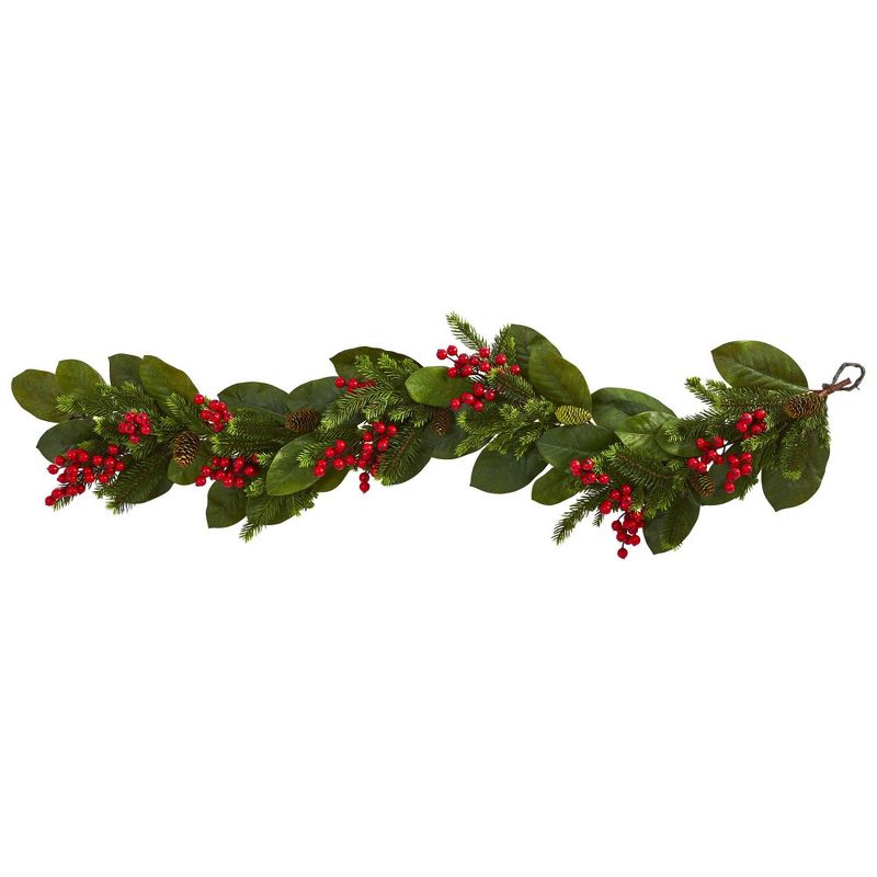 Nearly Natural 5&#39; Pine with Magnolia Flowers and Berries Artificial Christmas Garland Green, 1 of 5