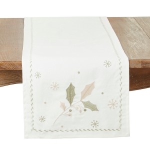 Saro Lifestyle Joyful Holly Leaves Table Runner, White, 16" x 72" - 1 of 3