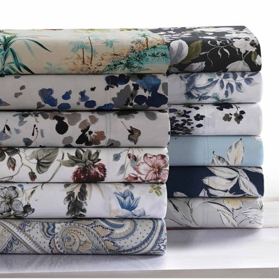 Navy Floral Cotton Sateen Full Sheet Set with Deep Pockets