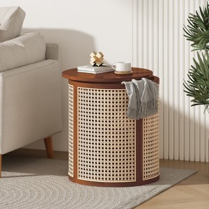 Racxily 15.70" Round End Table, Hollow Woven Side Table, Small Rubber Wood Nightstand, Rattan Woven Tea Desk, Round Wood Tabletop - 1 of 4