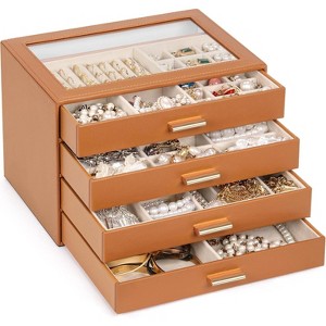 Leather Jewelry Box with Clear Lid, 2-Drawer Storage Organizer Case for Necklaces, Rings, Earrings, Bracelets - 1 of 4