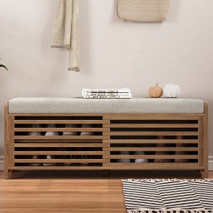 43"W Retro Shoe Bench Storage Bench with Cushion, Distressed Shutter and Acacia Veneer-ModernLuxe - 1 of 4