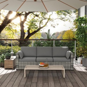 78.75" Wicker Patio Sofa with Cushions, 3 Seat Outdoor Couch with Steel Frame for Deck or Garden -3irtyhousy - 1 of 4