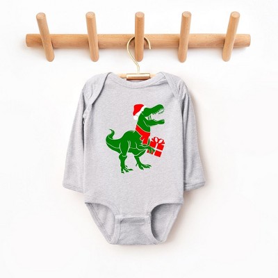 The Juniper Shop Dino Present Baby Long Sleeve Bodysuit - 18 Month - Heather Grey