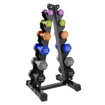 HolaHatha 3, 5, 8, 10, 12, and 15 Pound Neoprene Coated Grip Hexagon Dumbbell Weight Set and Storage Rack Stand for Various Strength Training Workouts