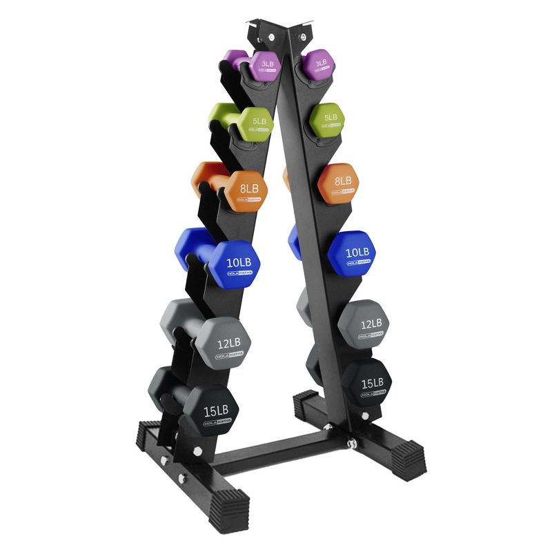 HolaHatha 3, 5, 8, 10, 12, and 15 Pound Neoprene Coated Grip Hexagon Dumbbell Weight Set and Storage Rack Stand for Various Strength Training Workouts, 1 of 7
