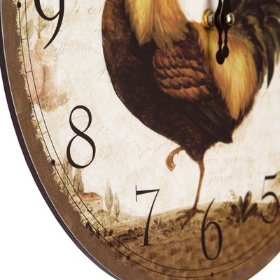 Circular Beige and Brown MDF Wall Clock with Rooster Print