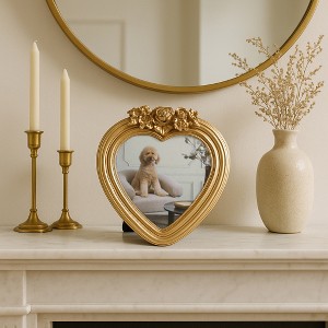 Decorative Heart Photo Frame with Roses Top Detailing - Ornate Frame Perfect for Tabletop, Living Room, Bedroom, Home Decor - Gold - 1 of 4