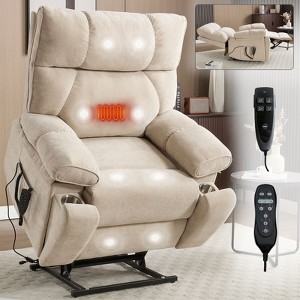 Beige Chenille Heat Massage Dual Motor Infinite Position Up to 350 LBS Large Electric Power Lift Recliners with Hidden Cup Holders - 1 of 4