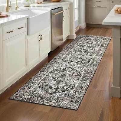 5'x7' Washable Rug, Non-Slip Vintage Medallion Low-Pile Rug, Foldable for Living Room, Dining Room & Bedroom, Blue Green