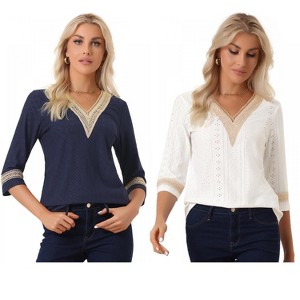 INSPIRE CHIC Women's V Neck Contrast Color Lace Trim Boho Top 2 Packs - 1 of 4
